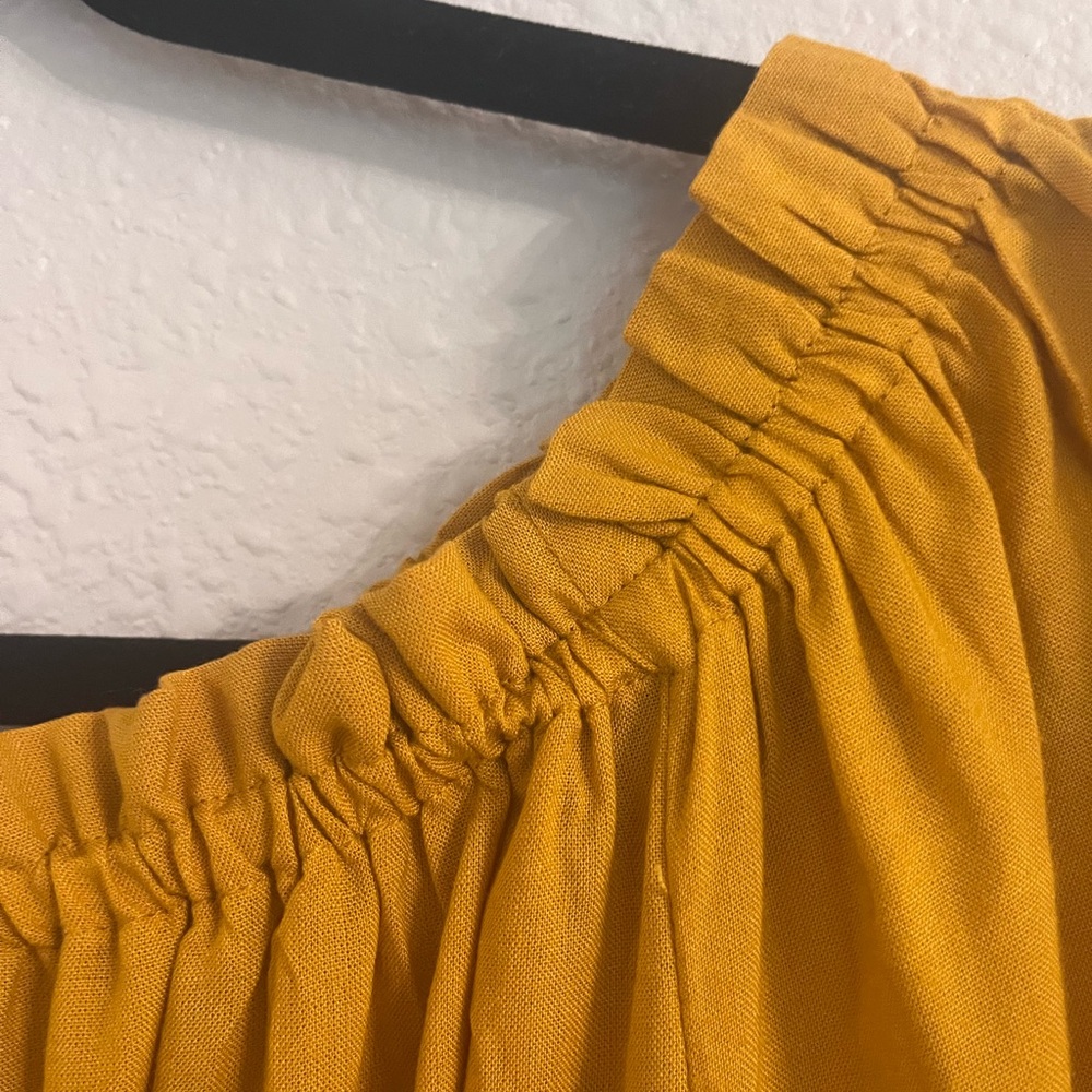 Womans flowy Fall dress in mustard with red rose detailing on the sleeves - Picture 6 of 6